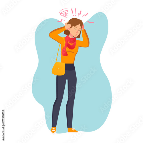 Cartoon woman in casual outfit. Young female character standing has a headache or migraine. Student girl carrying a shoulder bag. face expression vector flat style photo