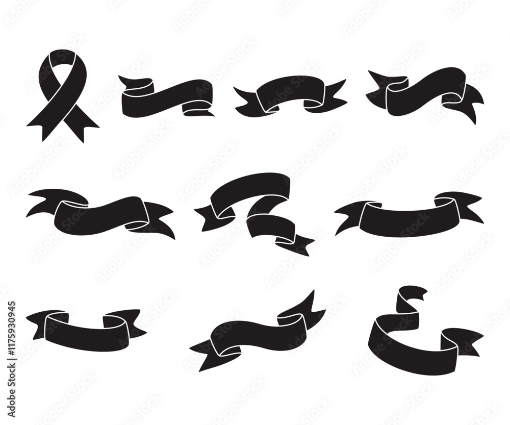 Kolekcja wstążek. Zestaw ręcznie rysowanych czarnych taśm. Etykieta, baner, tag w prostym stylu.