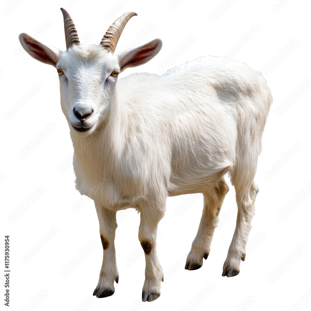 White goat on flat surface displaying traits White goat on flat surface displaying traits