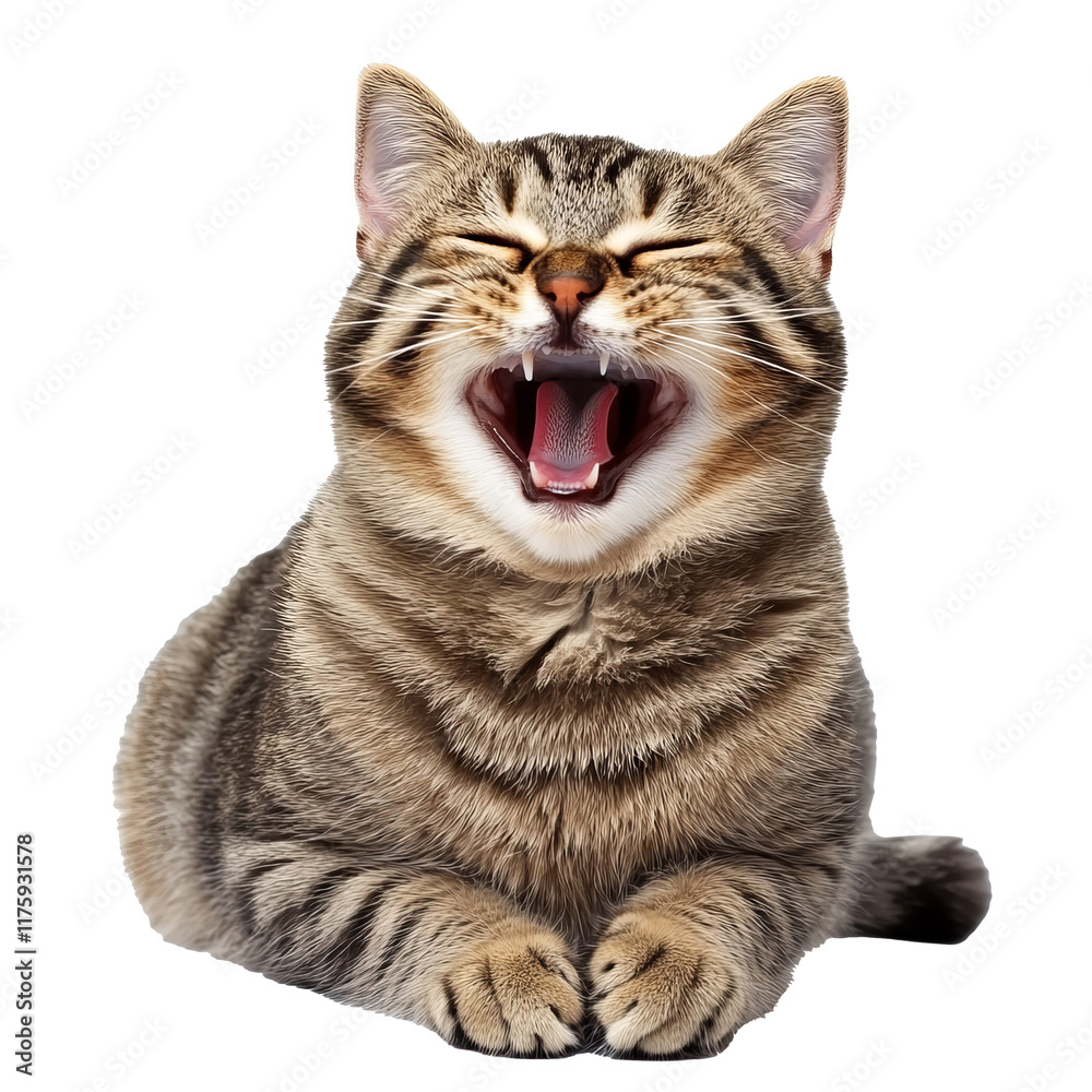 Fototapeta premium Happy striped cat expressing joy with open mouth