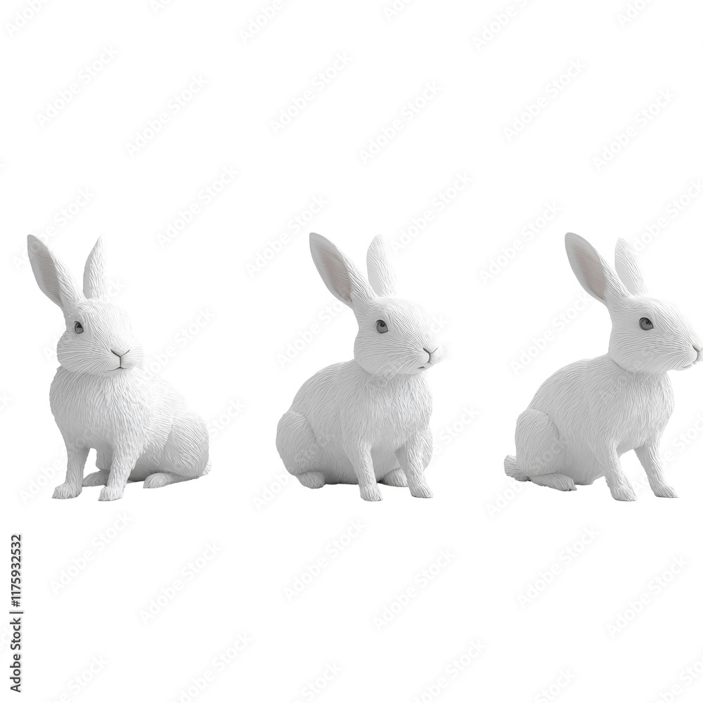 Fototapeta premium Realistic transparent rabbit figurines arranged on a clean transparent background for artistic display, 3D Modeled Rabbit Set on transparent background