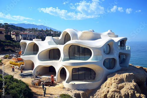 Futuristic coastal home, organic architecture, 3D-printed design, luxury eco-living photo