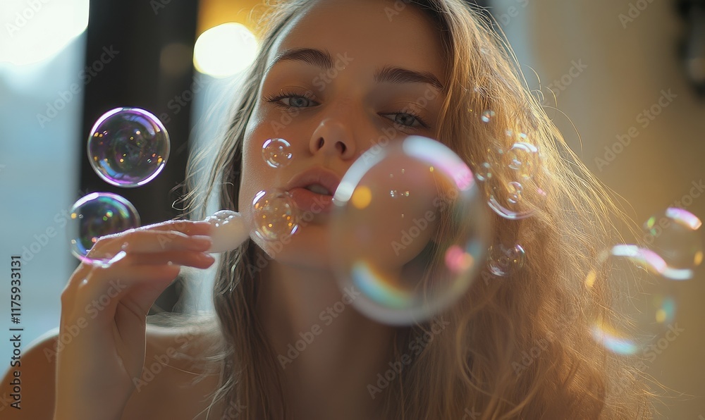 Interior portrait of an attractive caucasian woman in her thirties blowing soap bubbles Interior portrait of an attractive caucasian woman in her thirties blowing soap bubbles