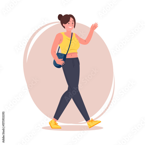 Hipster girl pose vector flat illustration. Cartoon latina female character with tied hair in stylish jeans, sneakers and shoulder bag, brunette woman walking and say hallo