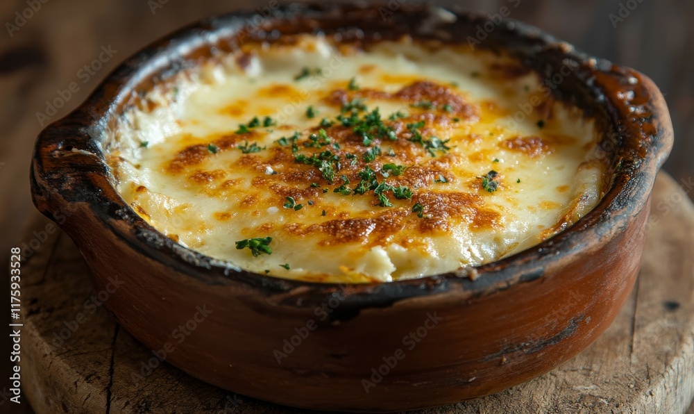 Baked lasagna with golden cheese topping in a rustic clay dish Baked lasagna with golden cheese topping in a rustic clay dish
