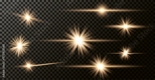 Light effect of lens flares. Set of o light starburst effects with sparkles on a grey transparent background. 