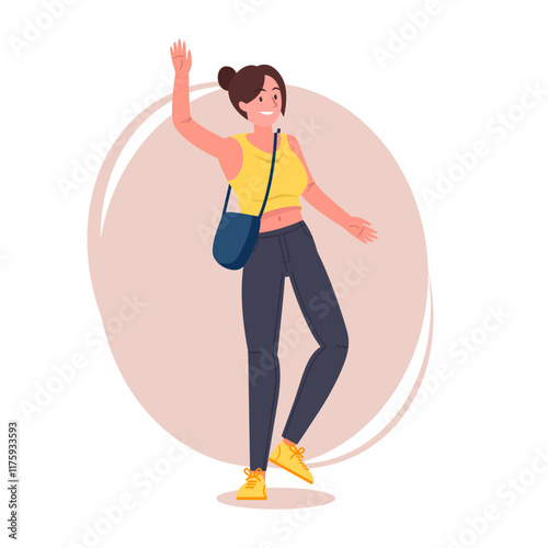 Hipster girl pose vector flat illustration. Cartoon latina female character with tied hair in stylish jeans, sneakers and shoulder bag, brunette woman standing and raised one hand