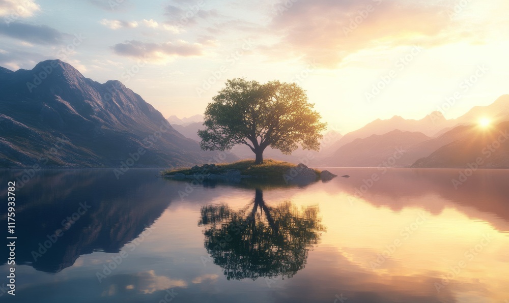 Serene tree reflected in a calm lake surrounded by mountains at sunrise Serene tree reflected in a calm lake surrounded by mountains at sunrise