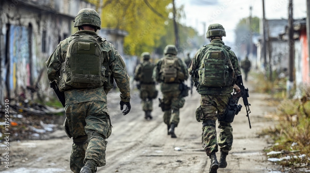 Obraz premium A group of soldiers walk down a war-torn street. The image evokes a sense of conflict and displacement.
