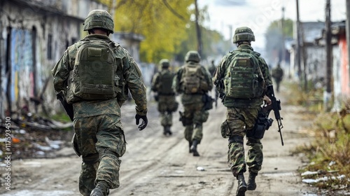 A group of soldiers walk down a war-torn street. The image evokes a sense of conflict and displacement.