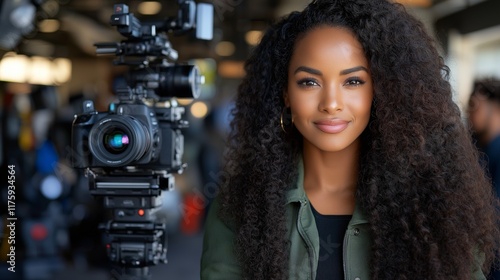 A confident female African American Black videographer smiles in front of a professional camera, symbolizing creativity, media, and storytelling in the world of visual content creation..