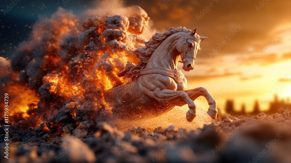 Fototapeta premium A majestic horse bursts through a cloud of smoke and fire, symbolizing strength, freedom, and the raw beauty of nature in a dramatic and captivating representation of motion.