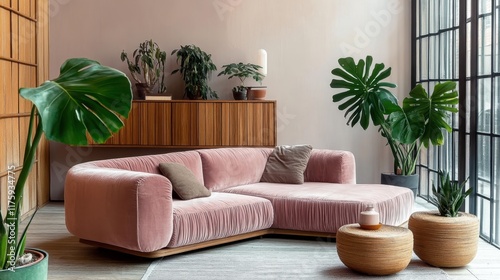 Wallpaper Mural Pink velvet sofa, living room interior, wooden wall art, tropical plants, monstera leaves, bohemian decor, natural light, cozy atmosphere, minimalist design, wooden side table, textured throw pillows, Torontodigital.ca
