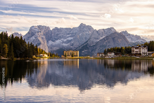 Misurina lake landscape during the sunset in autumn. Misurina Lake in Dolomites with sunset reflection in the lake. Misurina Lake, Belluno, Veneto, Italy.