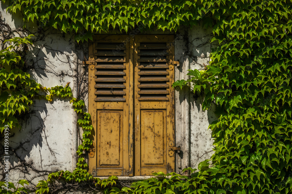 Closed Yellow Window Shutters on a Wall overgrown with green Ivy Leaves; Copy Space Closed Yellow Window Shutters on a Wall overgrown with green Ivy Leaves; Copy Space