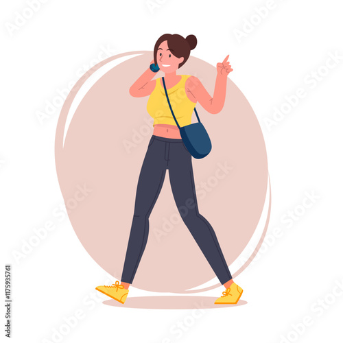Hipster girl pose vector flat illustration. Cartoon latina female character with tied hair in stylish jeans, sneakers and shoulder bag, brunette woman walking and calling someone by phone