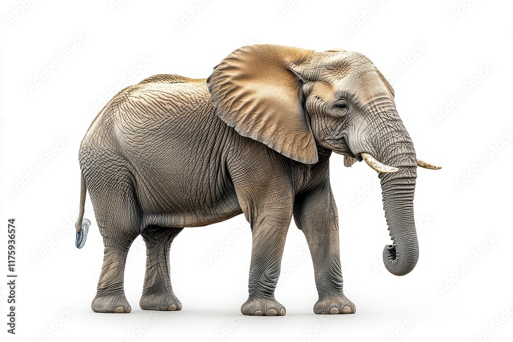 Fototapeta premium majestic elephant stands proudly against a plain white background, displaying its impressive size and intricate details, capturing the essence of this magnificent creature