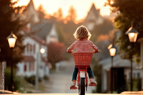 Child riding a bicycle down a suburban street at sunset with warm evening light photo