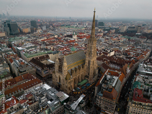 Aerial View of Iconic St. Stephen's Cathedral  in Vienna, Austria