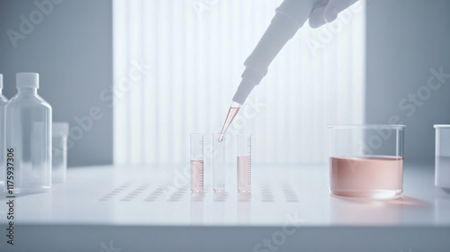 Laboratory technician uses pipette to transfer liquid into test tubes during research experiment in sterile environment photo