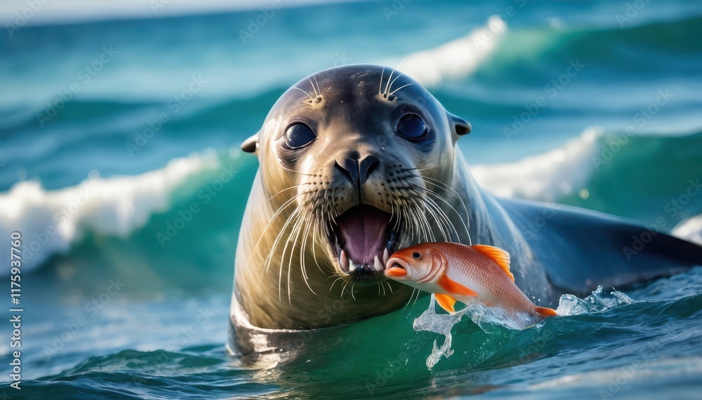 Fototapeta premium Close-up of a cheerful seal in the water with a bright orange fish. An engaging and dynamic snapshot of marine life and nature’s harmony