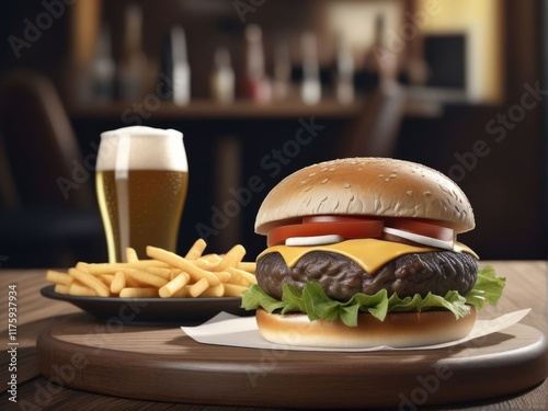 Flavorful hamburger on rustic wooden table, garnished with fresh vegetables and a side of cold beer. Great for stock photos aimed at food lovers and restaurant promotions. photo