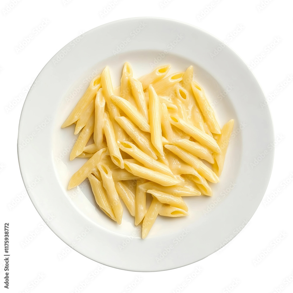 white plate of Penne alfredo top view on white background white plate of Penne alfredo top view on white background