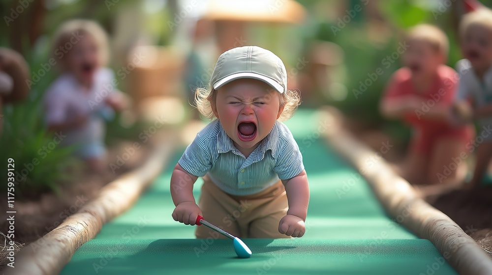 A young toddler on a mini-golf course yelling in frustration, expressing strong emotions while gripping a small golf club, with blurred children in the background reacting.. A young toddler on a mini-golf course yelling in frustration, expressing strong emotions while gripping a small golf club, with blurred children in the background reacting..