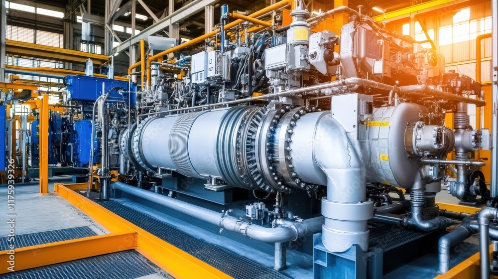 Industrial gas turbine generator system showcasing advanced technology and engineering in a modern manufacturing facility with bright lighting and complex machinery. Industrial gas turbine generator system showcasing advanced technology and engineering in a modern manufacturing facility with bright lighting and complex machinery.