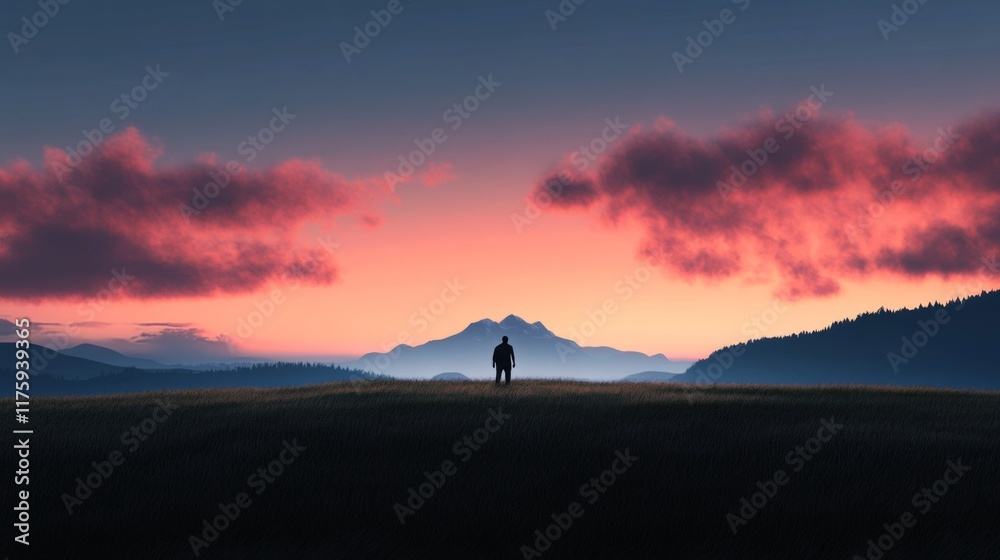 Solitary figure silhouetted against a vibrant sunset over a vast mountain landscape. Solitary figure silhouetted against a vibrant sunset over a vast mountain landscape.