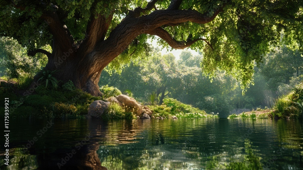 Majestic tree by a serene river, reflecting nature's beauty Majestic tree by a serene river, reflecting nature's beauty