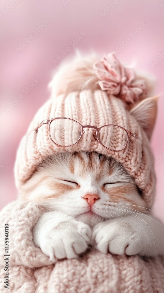 Obraz premium Adorable cat wearing a cozy hat and glasses, exuding charm and cuteness