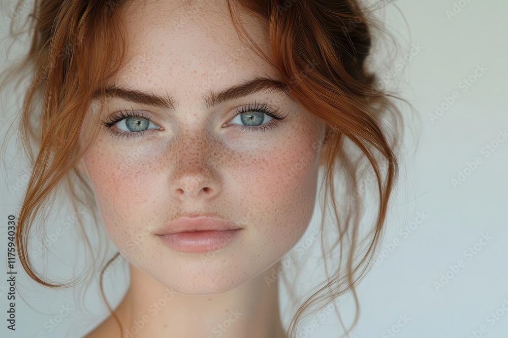 natural portrait of a young woman with freckles set against a light background, capturing her unique beauty and individuality in a clean, fresh aesthetic that highlights her features natural portrait of a young woman with freckles set against a light background, capturing her unique beauty and individuality in a clean, fresh aesthetic that highlights her features