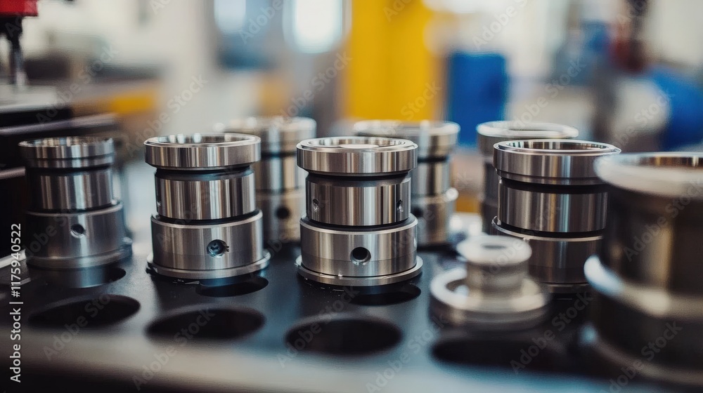 Detailed View of Precision Engineered Steel Components Arranged on a Production Workbench in a Modern Manufacturing Facility for Industrial Applications Detailed View of Precision Engineered Steel Components Arranged on a Production Workbench in a Modern Manufacturing Facility for Industrial Applications