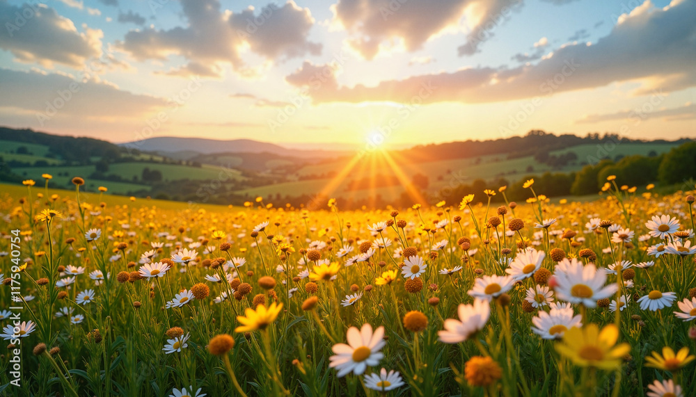 Fototapeta premium Flowering meadow in spring with panoramic view and rolling hills at golden hour for Earth Day