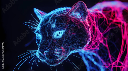 Black Panther Animal Plexus Neon Black Background Digital Desktop Wallpaper HD 4k Network Light Glowing Laser Motion Bright Abstract	 photo