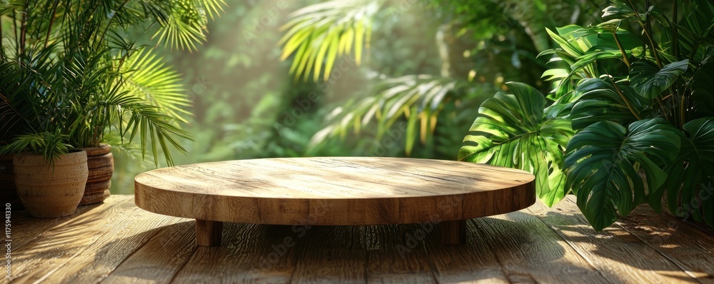 A serene wooden platform surrounded by lush greenery and soft sunlight. A serene wooden platform surrounded by lush greenery and soft sunlight.