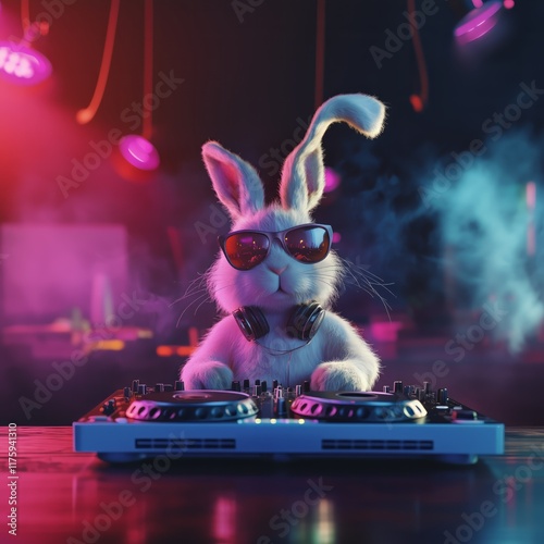 a cool easter male bunny, with sunglassesn as a dj, in neon light - - Generative AI	
 photo