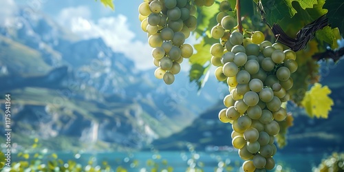 This close-up of ripe white grapes hanging from a vine in a vineyard captures a serene and unspoiled rural scene with a lake and mountains in the backdrop, Generative AI.