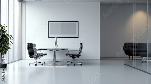 Professional home office Zoom virtual background with a clean, modern workspace, sleek furniture, and minimalistic decor, perfect for video calls and remote work.


