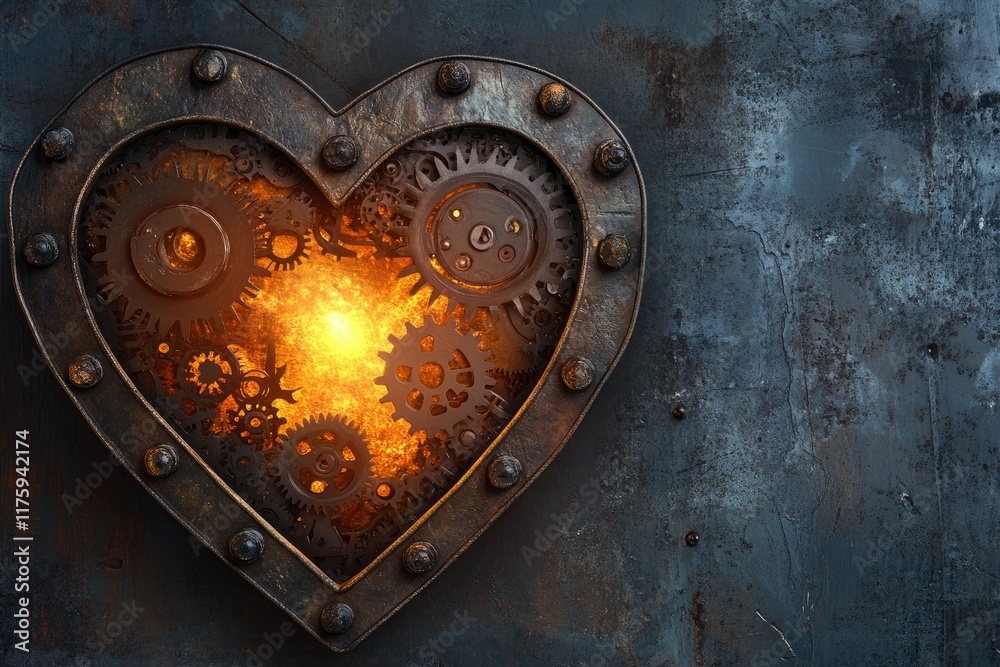 A steampunk - inspired heart with gears and cogs inside, glowing faintly against a metallic backdrop. Plenty of space for text in the lower third Valentine’s Day card A steampunk - inspired heart with gears and cogs inside, glowing faintly against a metallic backdrop. Plenty of space for text in the lower third Valentine’s Day card