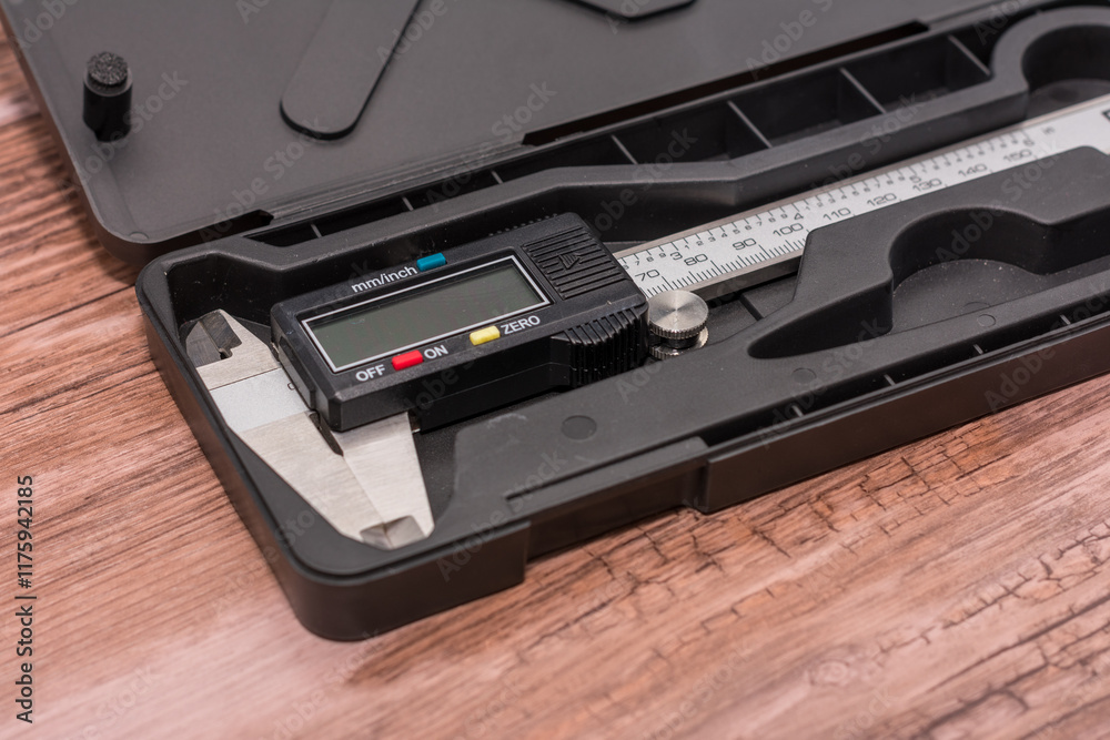 Obraz premium Digital caliper lies in a black case on a wooden surface, featuring a black and silver design with a clear digital screen. Combination of precise engineering and natural wood creates visual contrast
