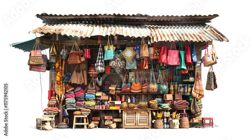 Street vendors and enthusiastic shoppers at a bustling outdoor market isolated on transparent background photo