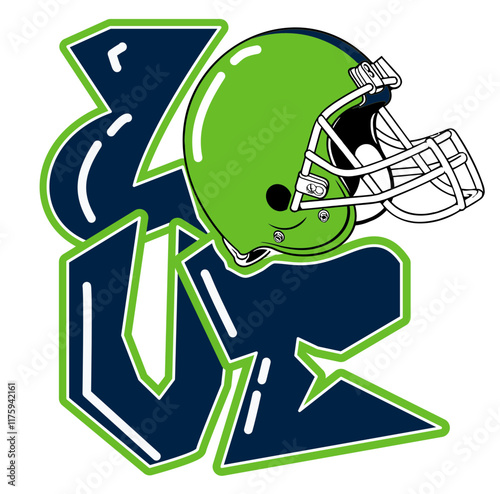 Love - Navy blue and neon green football player helmet, sport vector graphics, hockey, for street art - graffiti lettering typography - art illustration - multicolor - writen Word -
