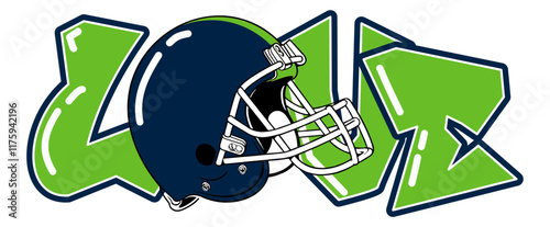 Love - Navy blue and neon green football player helmet, sport vector graphics, hockey, for street art - graffiti lettering typography - art illustration - multicolor - writen Word -
