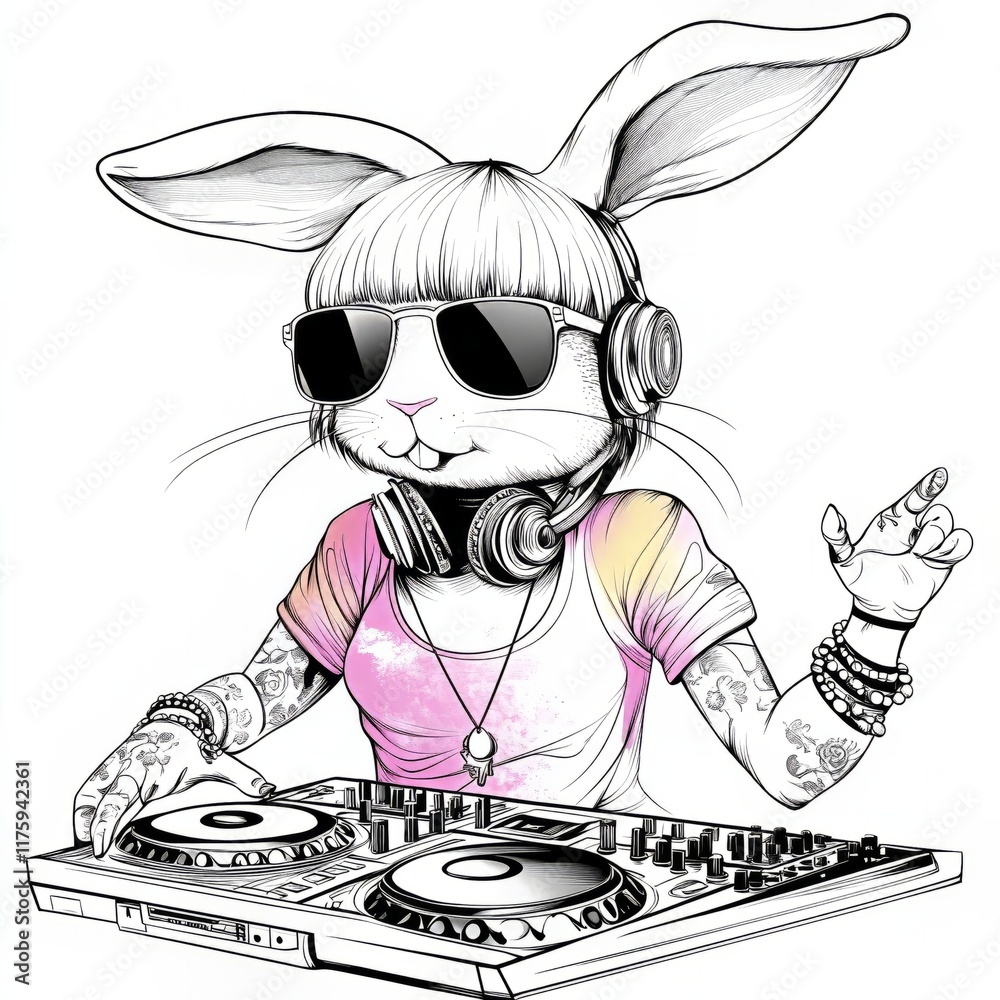 a cool female easter bunny, with sunglassesn as a dj, illustration - Generative AI