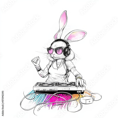 a cool female easter bunny, with sunglassesn as a dj, illustration - Generative AI photo