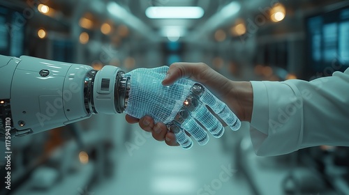 A handshake between a human and a digital AI robot, symbolizing artificial intelligence, cyber technology, and the evolution of digital human and machine interactions photo