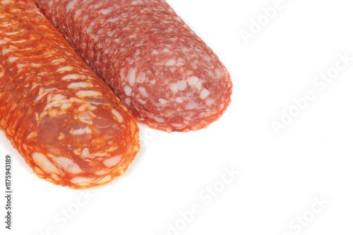 Salami smoked sausage, isolated on white background.