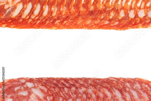 smoked sausage slices. Isolated on white background. Close-up.